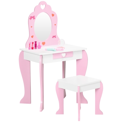 ZONEKIZ Tocador de Madera Infantil con Taburete y Espejo Centro de Belleza con 1 Cajón para 3-6 Años 50x36,5x89,5cm Rosa
