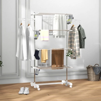 HOMCOM Mobiler Wäscheständer mit Rollen, 4 Ebenen, klappbar, Edelstahl, rostfrei, weiß+silber, 142 x 55 x 172 cm
