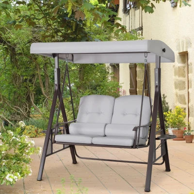 Outsunny 2-Sitzer Hollywoodschaukel Gartenschaukel mit Sonnendach Kissen Tablett Metall Polyester Grau 162 x 118 x 173 cm
