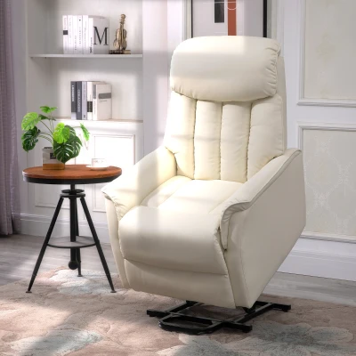 HOMCOM Relaxsessel Elektrisch Fernsehsessel mit Aufstehhilfe, Liegefunktion, TV Sessel mit Fußteil, Seitentasche, Fernbedienung, für Wohnzimmer, bis 150 kg, Kunstleder, Beige
