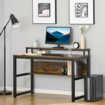 HOMCOM Schreibtisch Computertisch mit Ablage PC Tisch Bürotisch Industriestil Metall Rustikales Braun 120 x 60 x 85 cm