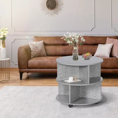 HOMCOM Round Coffee Table Rolling 3-Tier Cement Colour