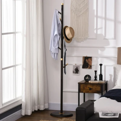 HOMCOM Garderobenständer, Kleiderständer, 6 Haken, Walnuss