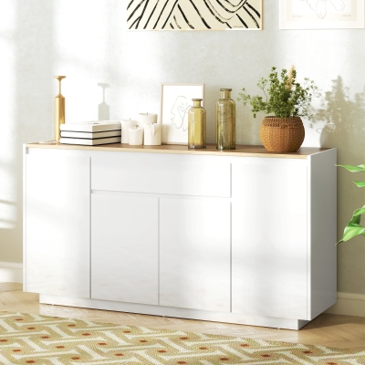 HOMCOM Aparador de Salón con 4 Puertas Cajón y Estantes Ajustables 140x40x75 cm Natural y Blanco Brillo