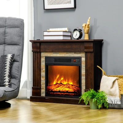 HOMCOM Chimenea Eléctrica 1800W Calentador de Chimenea con Efecto de Llama Mando a Distancia Temporizador 80x21,6x67,8cm Marrón