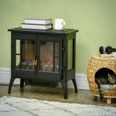 HOMCOM Chimenea Decorativa 1000 W/2000 W con Ventanas LED Llamas y Protección Sobrecalentamiento para 15-20 ㎡ Negro