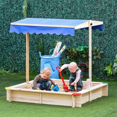 Outsunny Sandkasten mit Dach Sandkiste Kindersandkasten Tannenholz Bodenloses Design felix mit absenkbarem und schwenkbarem Dach Kurbeldach 120 x 120 x 120 cm Natur