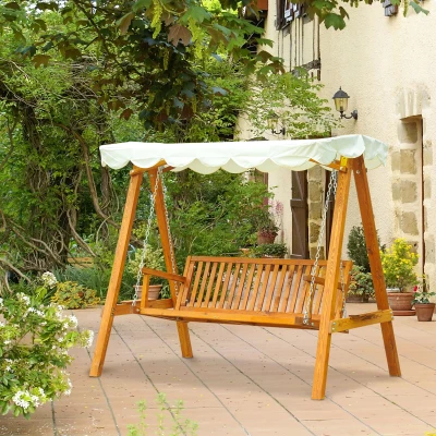 Outsunny 3 Seater Wooden Swing Chair Hammock Cream White