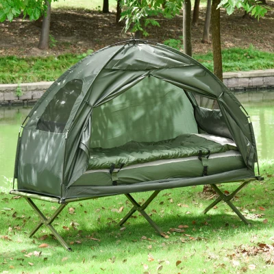 Outsunny Campingzelt-Set mit Feldbett, Schlafsack und Matratze Dunkelgrün