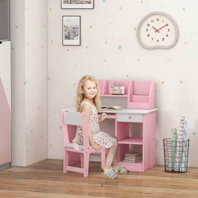 ZONEKIZ Kids Desk and Chair Set with Storage, Pink