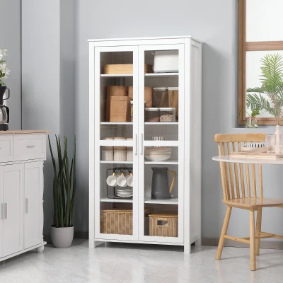 HOMCOM Szafek kuchenny, 4 półki, 2 szklane drzwi, 80 cm x 39,5 cm x 160 cm, Biały