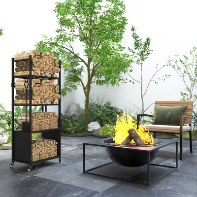 Outsunny Leñero de 4 Niveles Soporte para Leña con Ruedas Pala Atizador Cepillo Tenazas para Interior Exterior 45x30x118 cm Negro