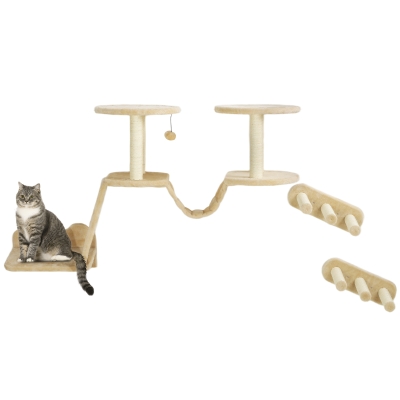 PawHut Katzentreppen-Set, Wand- und Deckenmontage, für Katzen bis 5 kg, Beige