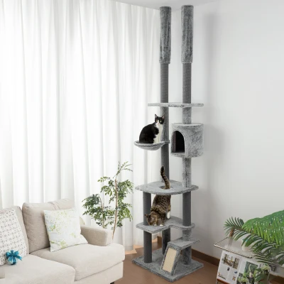 PawHut Kratzbaum, 4 Etagen, deckenhoch, verstellbar 225-255 cm, Hängematte, Haus, Grau