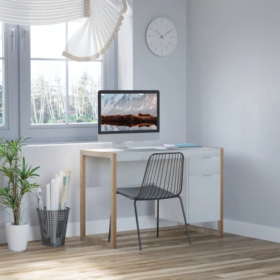 HOMCOM Mesa de Escritorio Espaciosa con Cajón Armario Patas en Forma de Marco de Estilo Moderno 112,5x50x75,5 cm Blanco
