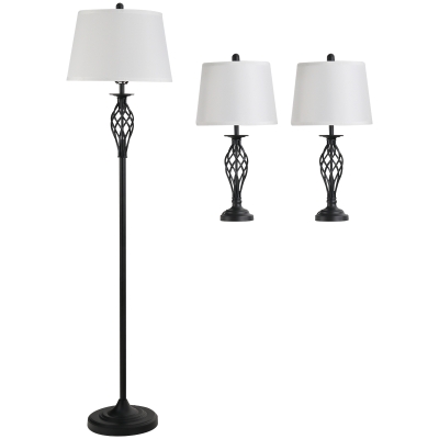 HOMCOM Lot de 3 luminaires design contemporain - lampadaire sur pied + 2 lampes de tables - métal noir polyester coton blanc