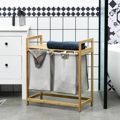 HOMCOM Wäschesammler, 2 Wäschesäcke 40L, Regale, Bambusrahmen, 64x33x73cm, Dunkelgrau