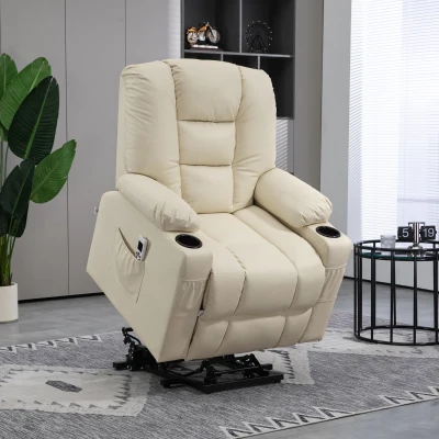 HOMCOM Massagesessel Aufstehhilfe Seniorensessel, inkl. Fernbedienung, 4 Massagemodi, 90  cm x 98 cm x 102 cm, Creme