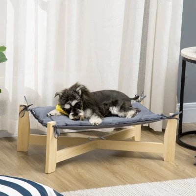 PawHut Hundebett Haustierbett mit Kissen Hundeschlafplatz für drinnen und draußen Hundeliege erhöhtes Design Kiefernholz Natur+Hellgrau 72 x 40 x 25 cm