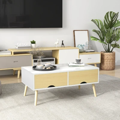HOMCOM Table Basse 2 Tiroirs Blanc/Naturel 90x48cm