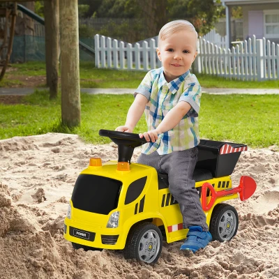 HOMCOM Sitzbagger für Kinder Rutscherfahrzeug mit Kippen Eimer und Schaufel Fuß Rutscherauto unter Sitz Lagerung für Baby 18-36 Monaten Metall PP-Kunststoff Gelb 72 x 28,2 x 42 cm