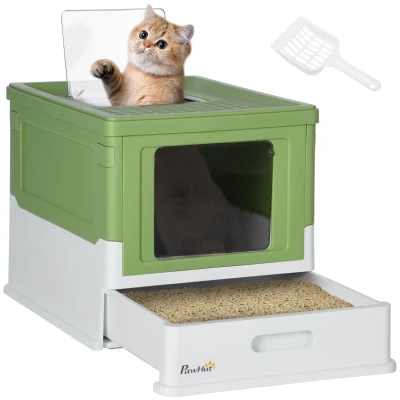 PawHut Arenero Cubierto para Gatos Desmontable con Entrada Frontal y Salida Superior 47,5×35,5×36,7 cm Verde Aguacate y Blanco