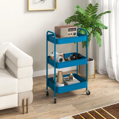 HOMCOM Carrito de Almacenamiento con 3 Cestas y Marco de Acero para Salón Dormitorio Oficina Cocina 45x30,6x79 cm Azul Oscuro