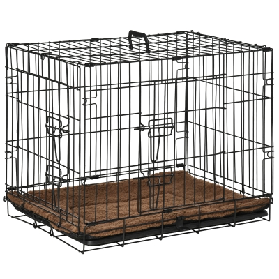 PawHut Jaula de Metal para Perros Plegable 60x43x49,5 cm con 2 Puertas con Pestillos Bandeja Extraíble Cojín Suave y Asa Negro