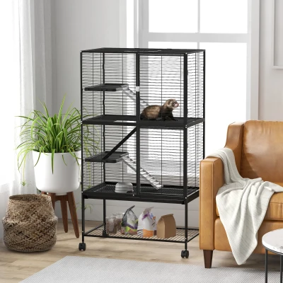 PawHut Jaula para Animales Pequeños de 4 Niveles con Ruedas Rampa Comedero Bebedero y Bandeja Extraíble 78x45,5x136 cm Negro