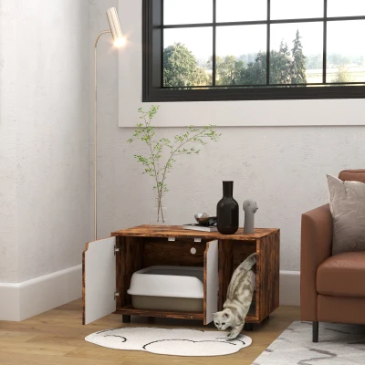 PawHut Rustic Cat Litter Box Furniture with Sand Drain Pad Brown