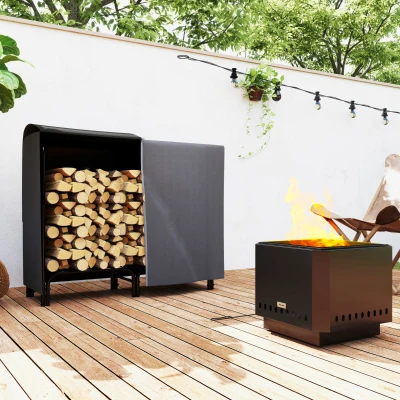 Outsunny Feuerholzgestell, 0,33 m³, mit Tragetasche & Abdeckung, Metallrahmen, bis 150 kg, 120 x 36 x 99 cm, Schwarz