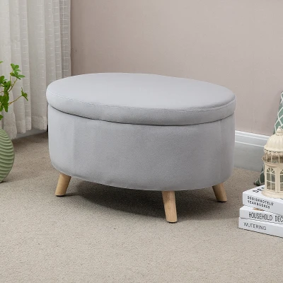 HOMCOM Sitzbank mit Stauraum, Hocker, ovale Form, Samtoptik, bis 120 kg, 71 x 51,5 x 42 cm, Hellgrau