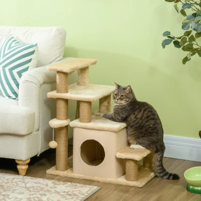 PawHut Haustiertreppe, Kratzbaum, 4 Stufen, Spielball, Häuschen, höhenverstellbar, 60 x 40 x 66 cm, Beige