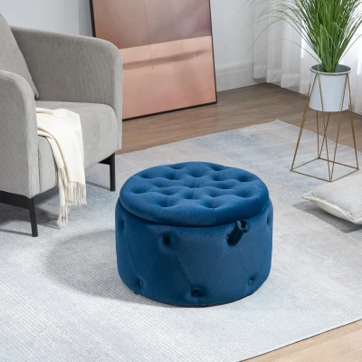 HOMCOM Pouf Poggiapiedi e Contenitore Velluto Ø60x40cm Blu Scuro