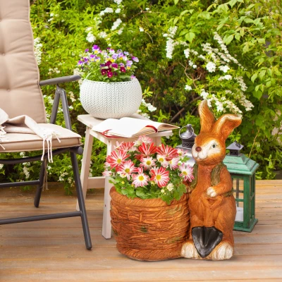 Outsunny Blumentopf, Hase mit Weidenkorb, wetterfest, 45x27x50cm, Braun