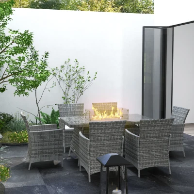 Outsunny 7-Piece Outdoor Rattan Dining Set with Fire Pit Grey
