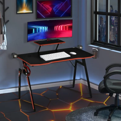 HOMCOM Mesa Gaming Escritorio para Computadora PC con Soporte para Monitor y Altavoz Portavasos Gancho para Auriculares Fibra de Carbono 120x60x94,5 cm Negro