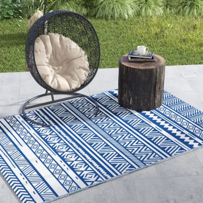 Outsunny Alfombra Reversible 182x274 cm Estilo Moderno para Terraza Balcón Patio Camping Playa Azul Oscuro y Blanco