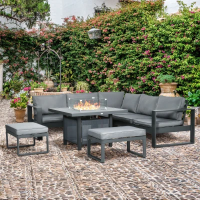 Outsunny 6-Piece Aluminium Garden Sofa Set with Fire Pit Grey