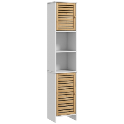 HOMCOM Mueble Auxiliar de Baño con Estantes Ajustables y Puertas de Bambú Anti-vuelco 35x30x170 cm Blanco y Natural
