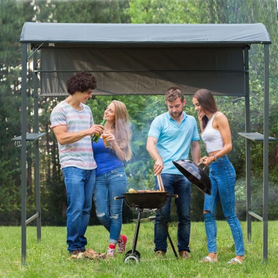 Outsunny Grillpavillon mit Flammschutzdach, BBQ-Pavillon mit 2 Ablagen, Polyester, Schwarz, 218 x 138 x 216 cm