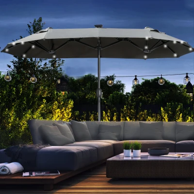 Outsunny Doppelschirm, Terrassenschirm, neigbar, mit Solarpaneel, 35 LEDs, Stahlrahmen, grau, 2,92 x 1,50 x 2,18 m