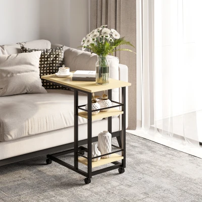 HOMCOM Mesa Auxiliar con Ruedas Mesa Lateral en Forma de C con 2 Estantes Estilo Moderno 60x34,5x64,5 cm Natural