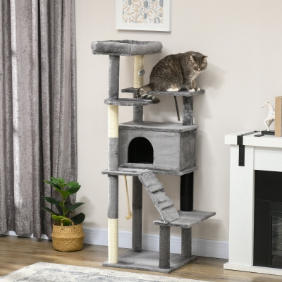 PawHut Cat Tree Tower with Scratching Post & Toy, Grey