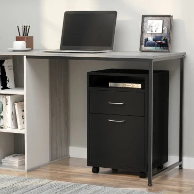 HOMCOM Caisson Bureau Roulettes Noir avec Tiroir et Placard