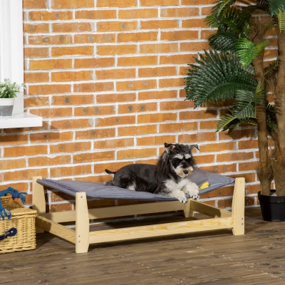 PawHut Erhöhtes Hundebett mit Holzbeine, 90cm x 50cm Abwaschbares Haustierbett Hundeliege mit Kissen, Haustierliege Hängebett Hundeschlafplatz für kleine bis mittelgroße Hunde, Natur+Hellgrau