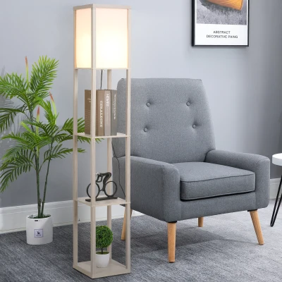 HOMCOM Stehlampe mit Regalen, Stehleuchte, Holz, 26 x 26 x 160 cm, für Wohn-/Schlafzimmer (Ohne Glühbirne)
