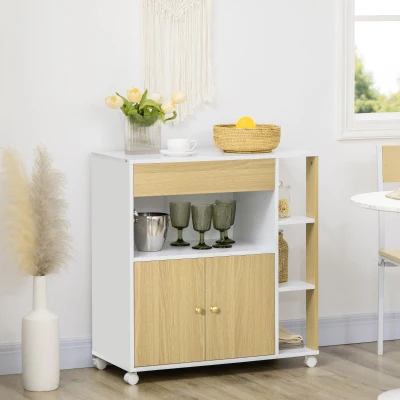 HOMCOM Carrito de Cocina con Ruedas 2 Puertas Cajón y Estantes Laterales para Comedor Salón 80x39x85,5 cm Roble y Blanco