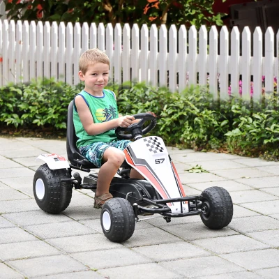 HOMCOM Go Kart Kinderfahrzeug Tretauto mit Pedal Bremsen Kinderspielzeug für 3-6 Jahre Stahl Weiß 104 x 66 x 57 cm