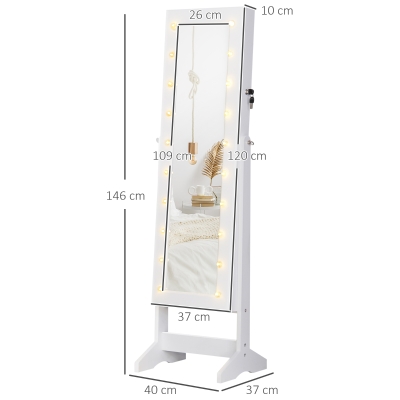 HOMCOM Espejo Joyero con 20 Luces LED Armario Joyero Reclinable con Guardajoyas Anillos Pendientes Collares 40x37x146 cm Blanco(m-3)